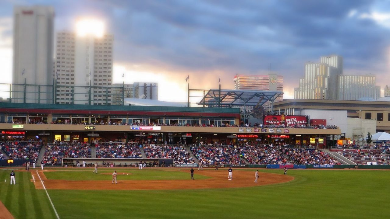 Wide view of the field, infield and outfield at Aces Ballpark in Reno, Nevada