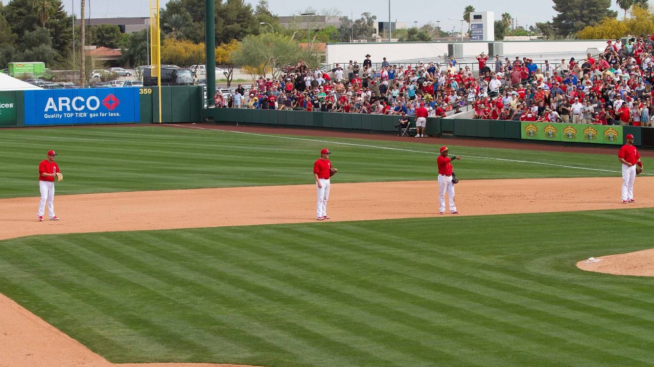 Los Angeles Angels infielders shifted toward one side of the field during a 2015 spring training game