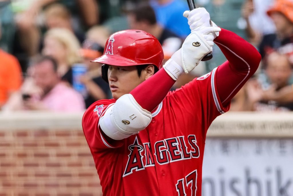 Shohei Ohtani of the Los Angeles Angels at the plate at Oriole Park at Camden Yards in 2022