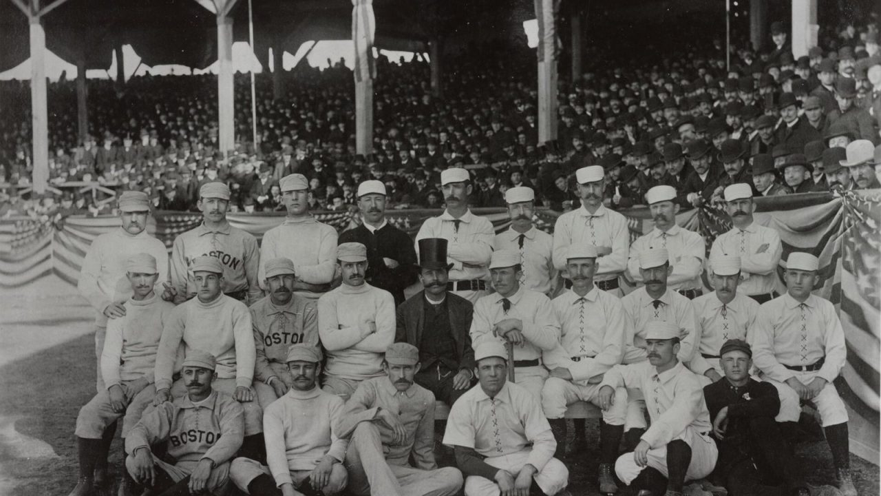 Crowd and players at the Polo Grounds on opening day of the 1886 season, New York vs. Boston