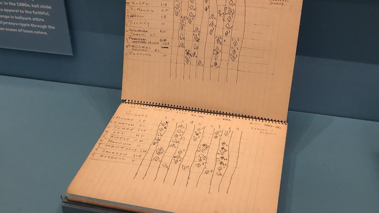 A printed 1936 World Series scorecard displayed in the Library of Congress Baseball Americana exhibit