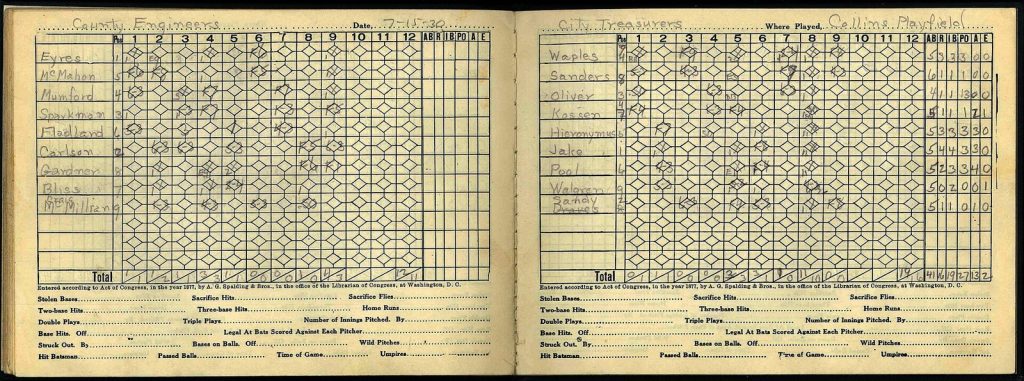Open pages of a 1930 baseball scoring book with a grid of boxes for each batter and inning