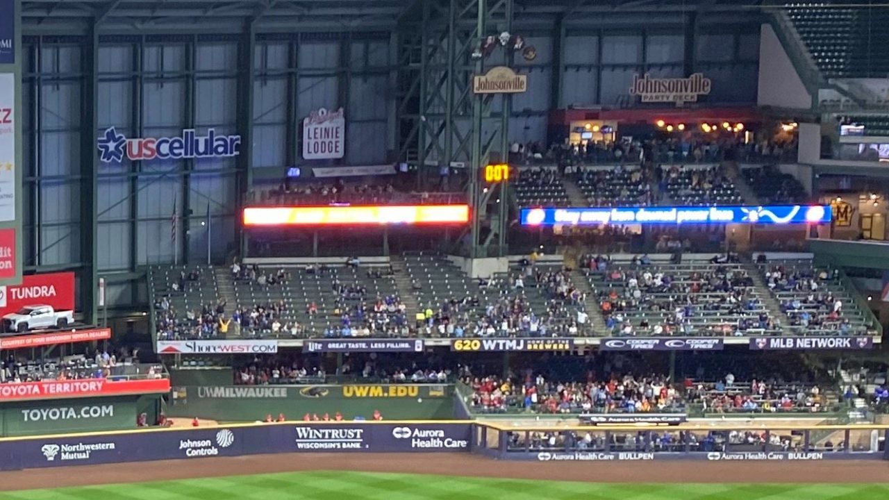 Pitch clock display mounted in the right field seating area at American Family Field in Milwaukee