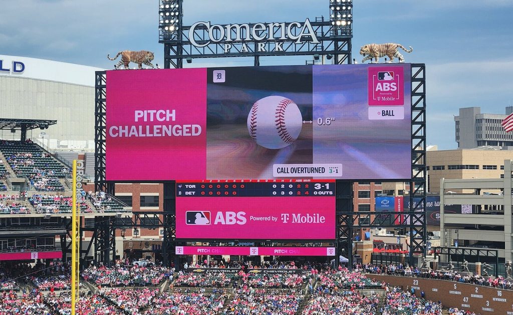Comerica Park scoreboard showing an ABS challenge graphic with the pitch location relative to the strike zone