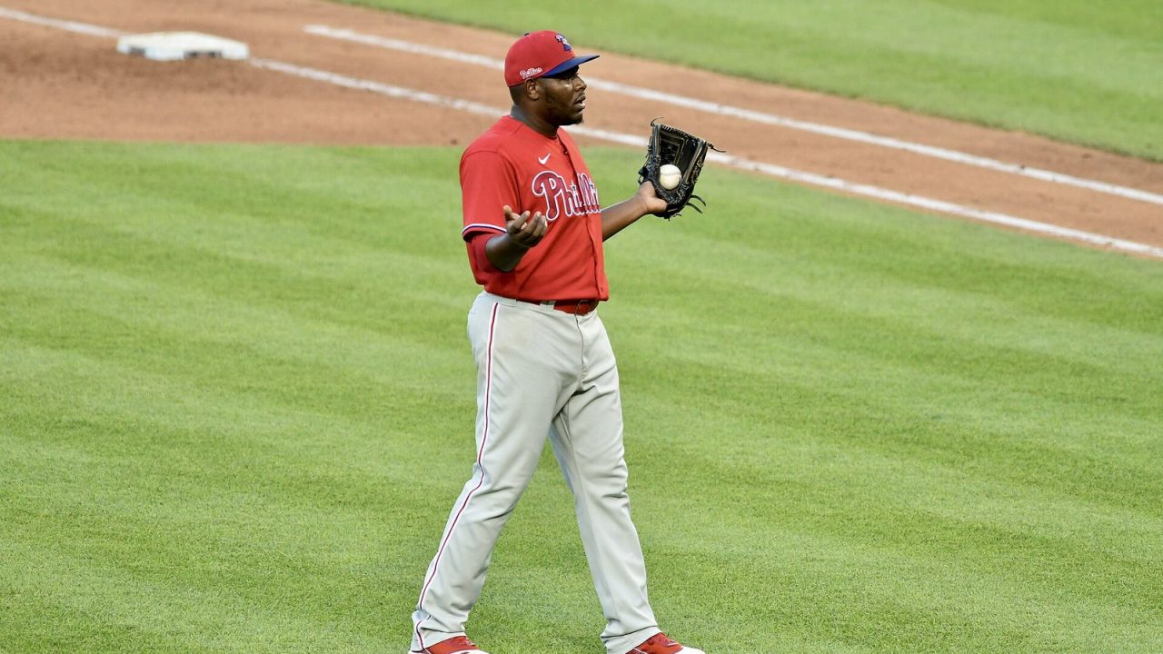 Phillies pitcher Hector Neris on the mound in his delivery during a July 2020 game