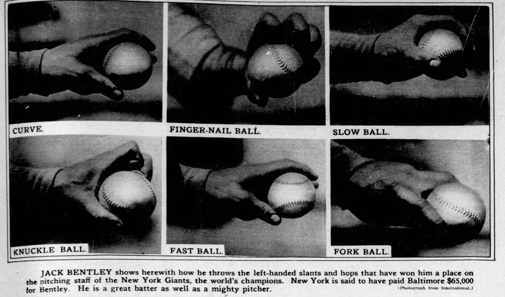 Vintage photo series of left-hander Jack Bentley demonstrating grips and deliveries for his pitches